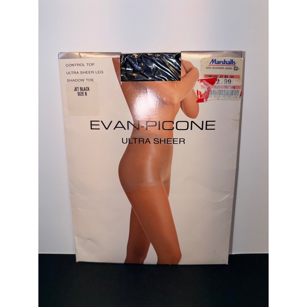 Evan-Picone Ultra Sheer Control Top Pantyhose Jet Black Size B Shadow Toe USA